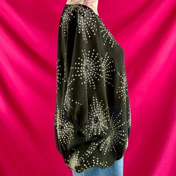 Vintage Silver Glitter Fireworks Black Sheer Short Sleeve Party Top Glances - Picture 15 of 17